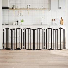 Dog Gate with Door Foldable 6 Panels Black 118.1 " Poplar Wood